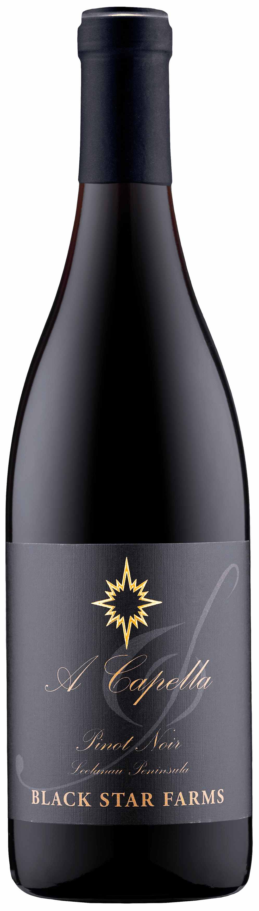 A bottle of Black Star Farm blackberry syrup, showcasing its rich color and elegant label, set against a neutral background.