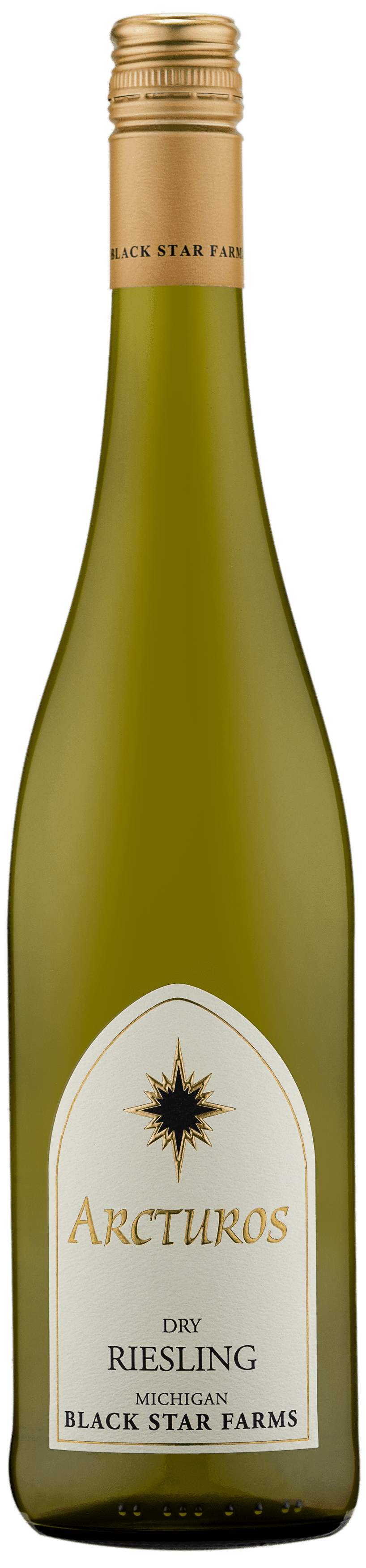 A bottle of Arcturus dry white wine on a wooden table.
